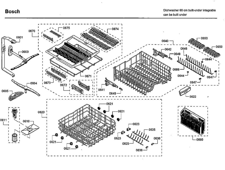 Rack Diagram and Parts List for SHXM65W55N 01 Bosch Dishwasher