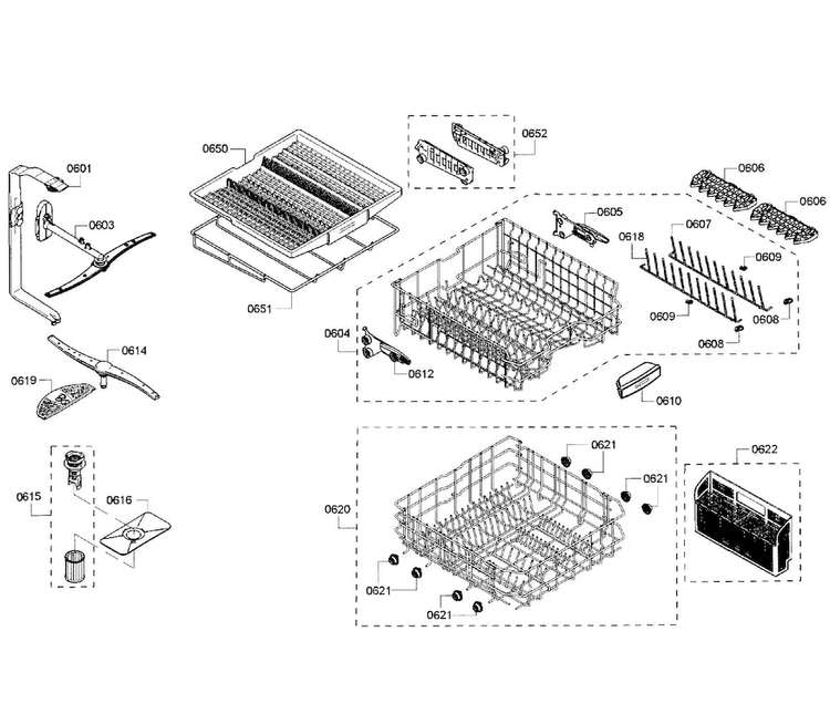 Baskets Diagram and Parts List for SHX65T55UC 01 Bosch Dishwasher