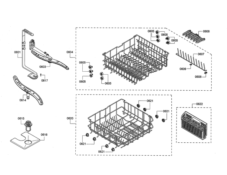 Racks/spray Arm Diagram and Parts List for SHX33R55UC 64 Bosch Dishwasher