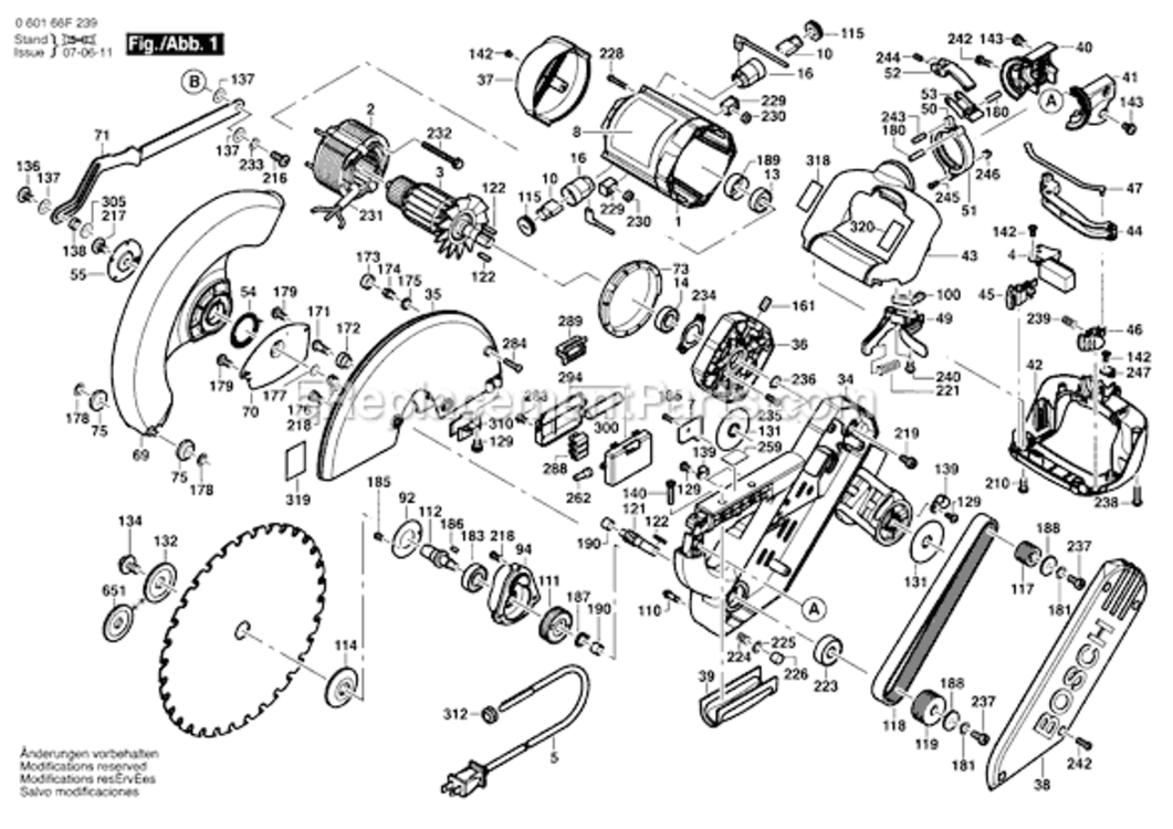 Page A Diagram and Parts List for 4212L 060166F239 Bosch Miter Saw