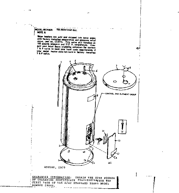 Non-functional Replacement Parts Diagram and Parts List for 153323410  Kenmore Water Heater