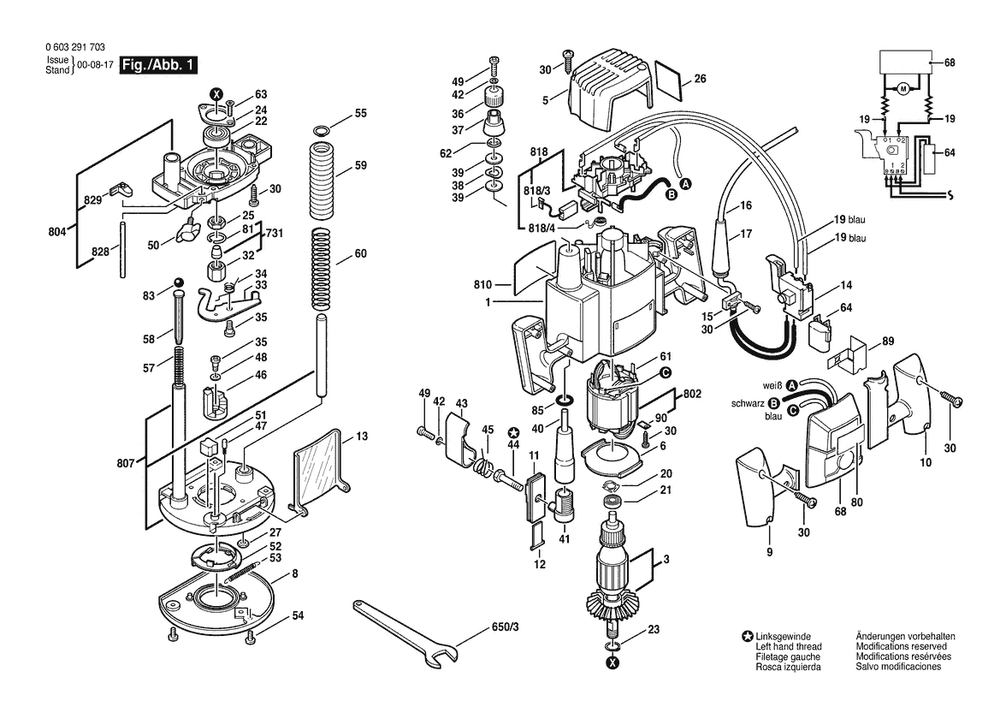 Section 1 Diagram and Parts List for POF800ACE 0603291745 Bosch Router
