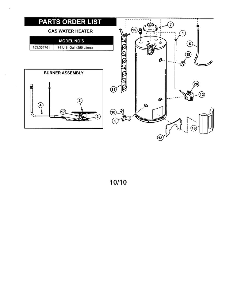 Water Heater Diagram and Parts List for 153331761  Kenmore Water Heater