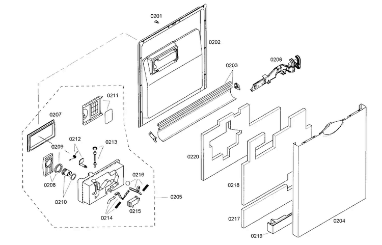 Door Assy Diagram and Parts List for SHE45M02UC 50 Bosch Dishwasher