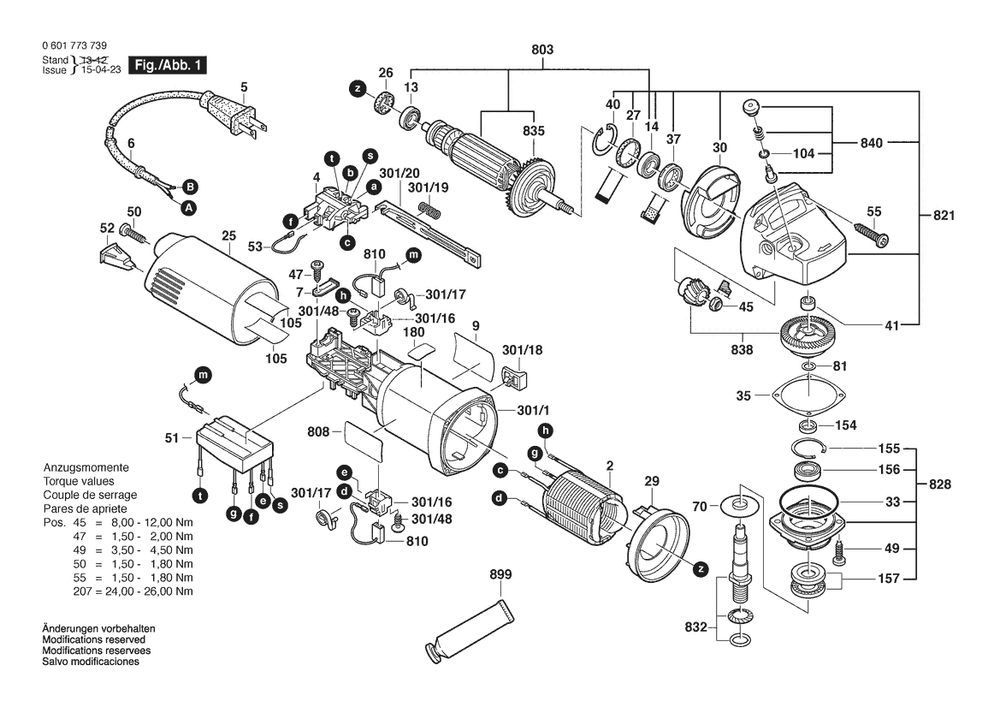 Section 1 Diagram and Parts List for GBR14CA 0601773739 Bosch Sander Grinder