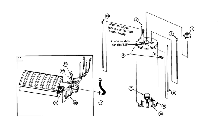 Main Assy Diagram and Parts List for 153552400  Kenmore Water Heater