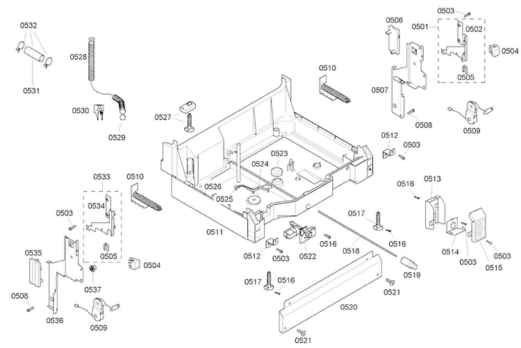 Base Assy Diagram and Parts List for SHE43C06UC 22 Bosch Dishwasher