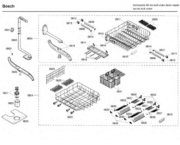 Rack Diagram and Parts List for SHE99C05UC 19 Bosch Dishwasher