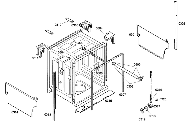 Cabinet Diagram and Parts List for SHE33M06UC 50 Bosch Dishwasher