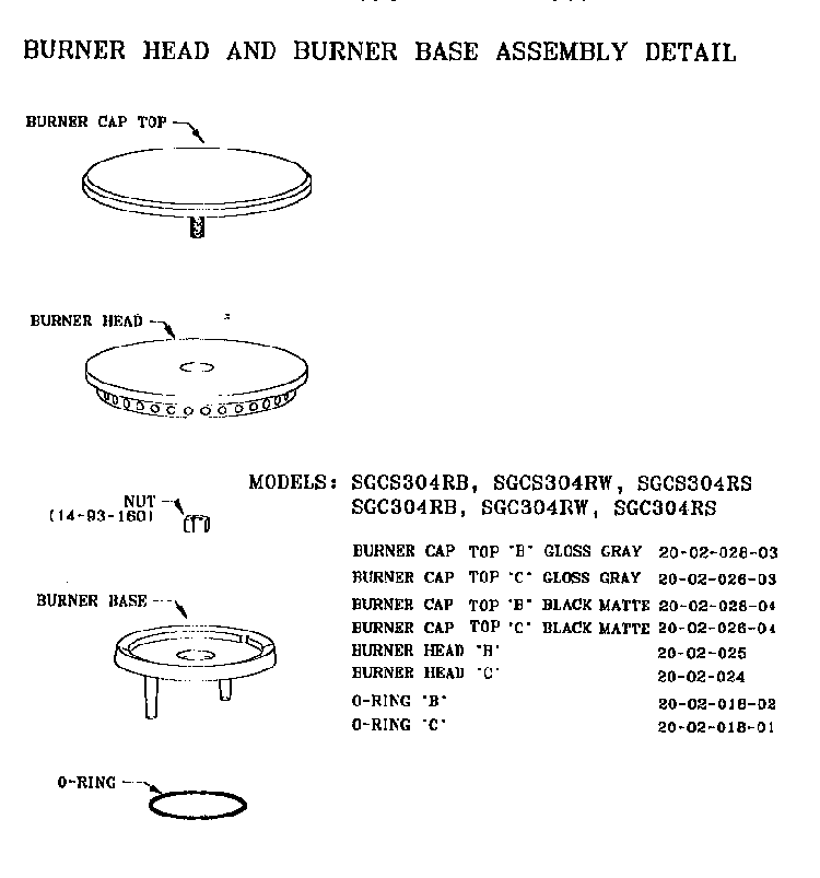 Burner Head & Base Assembly Diagram and Parts List for SGCS304RS  Thermador Cooktop