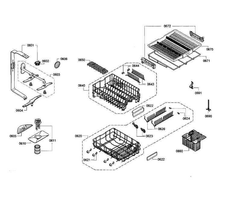 Racks Section Diagram and Parts List for SPE68U55UC 33 Bosch Dishwasher