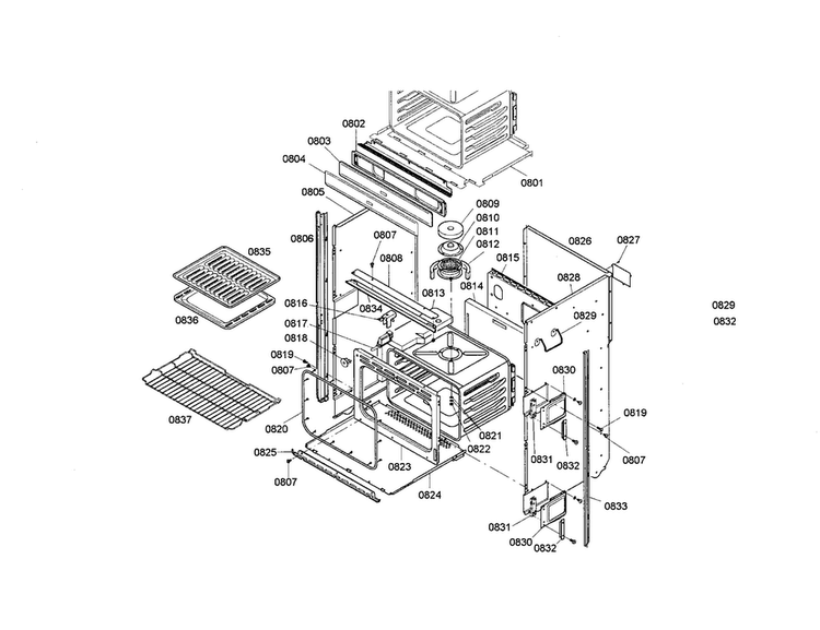 Lower Body Diagram and Parts List for HBN5055AUC 01 Bosch Wall Oven