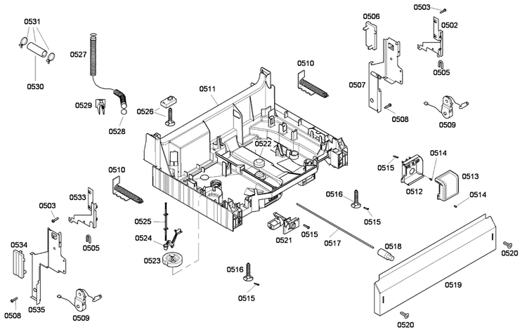 Base Assy Diagram and Parts List for SHE43F05UC 48 Bosch Dishwasher