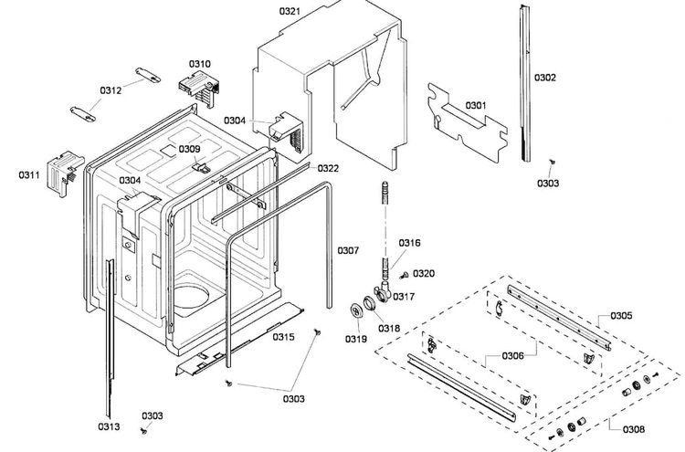 Cabinet Diagram and Parts List for SHE43P05UC 58 Bosch Dishwasher