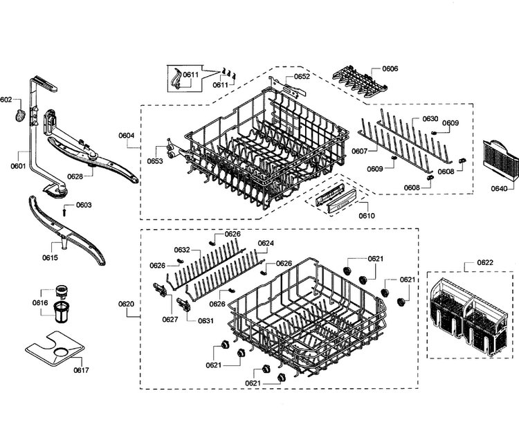 Baskets Diagram and Parts List for SHE55C05UC 61 Bosch Dishwasher