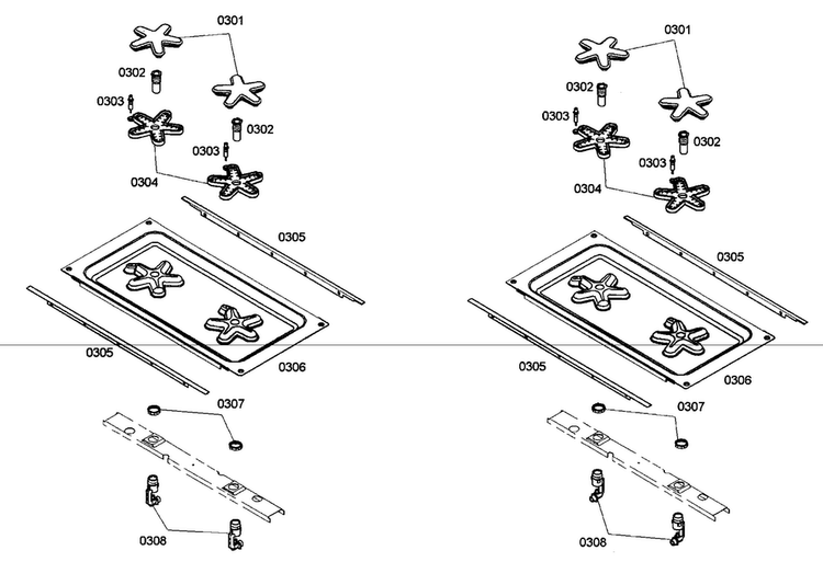 Burners Assy Diagram and Parts List for PRD364ELHC02  Thermador Range