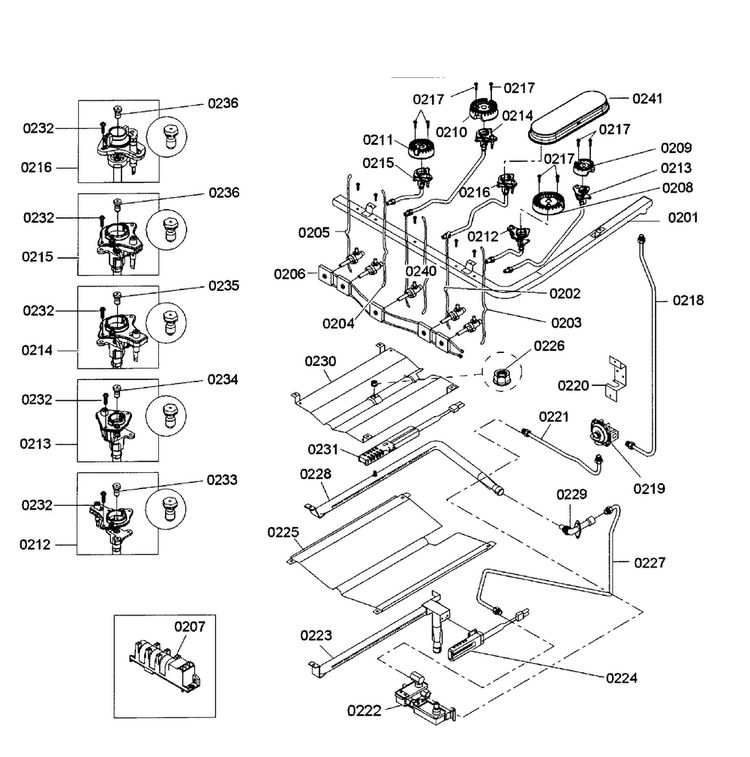 Burners Assy Diagram and Parts List for HGS5053UC 02 Bosch Range