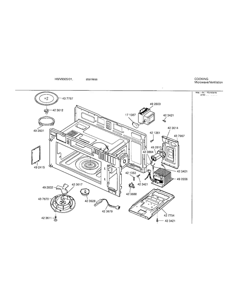 Oven Cavity Diagram and Parts List for HMV9305 01 Bosch Microwave