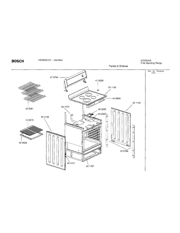 Panels And Shelves Diagram and Parts List for HES245U 01 Bosch Range