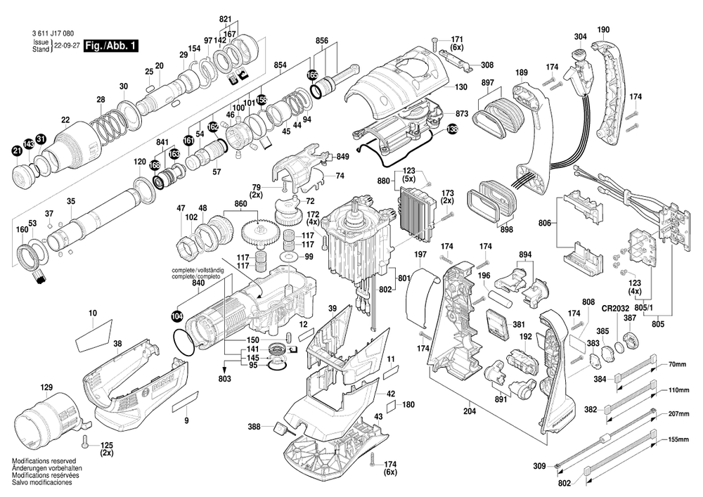 Diagram 1 Diagram and Parts List for GBH18V-40C 3 611 J17 080 Bosch Hammer Drill