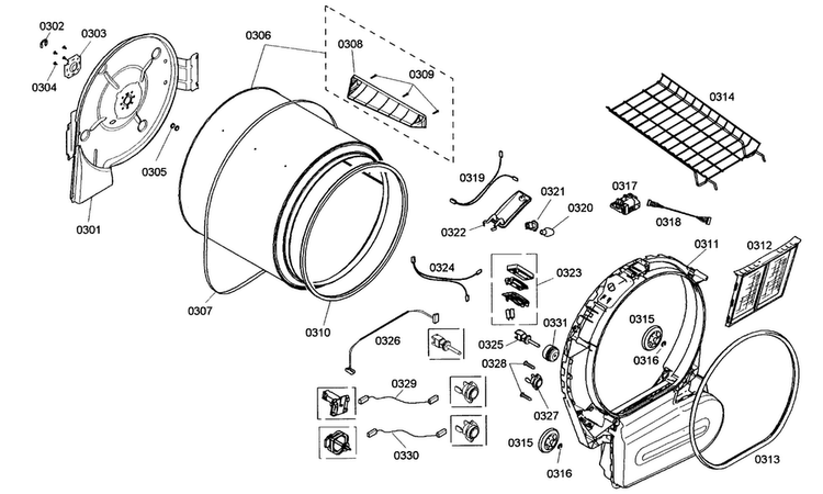 Drum Assy Diagram and Parts List for WTMC552SUC 02 Bosch Dryer