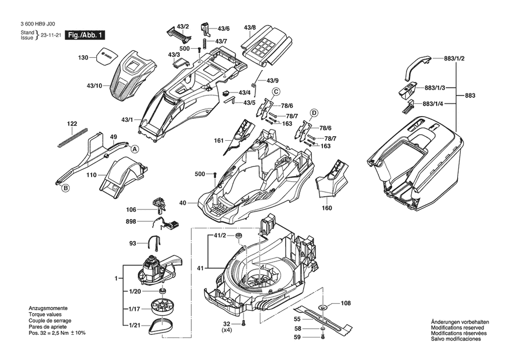 Section 1 Diagram and Parts List for 3600HB9J00  Bosch Lawn Mower