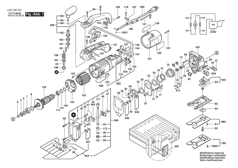 Section 1 Diagram and Parts List for GST85PBAE 0601587880 Bosch Jig Saw
