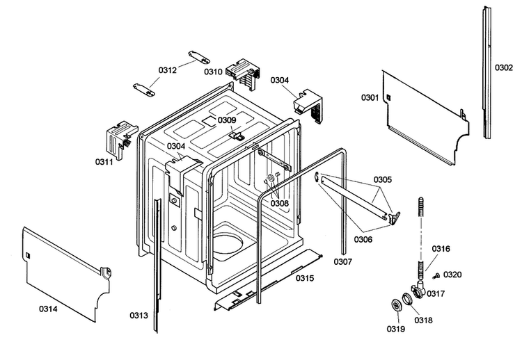 Cabinet Diagram and Parts List for SHE33M05UC 50 Bosch Dishwasher