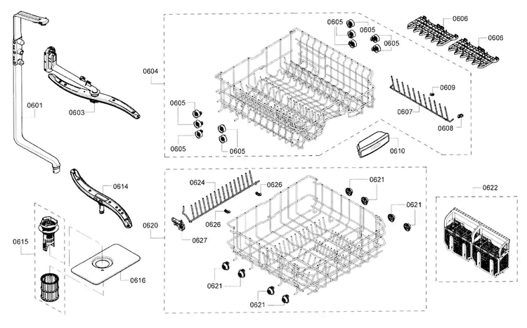 Rack Diagram and Parts List for SHE3ARF2UC 14 Bosch Dishwasher