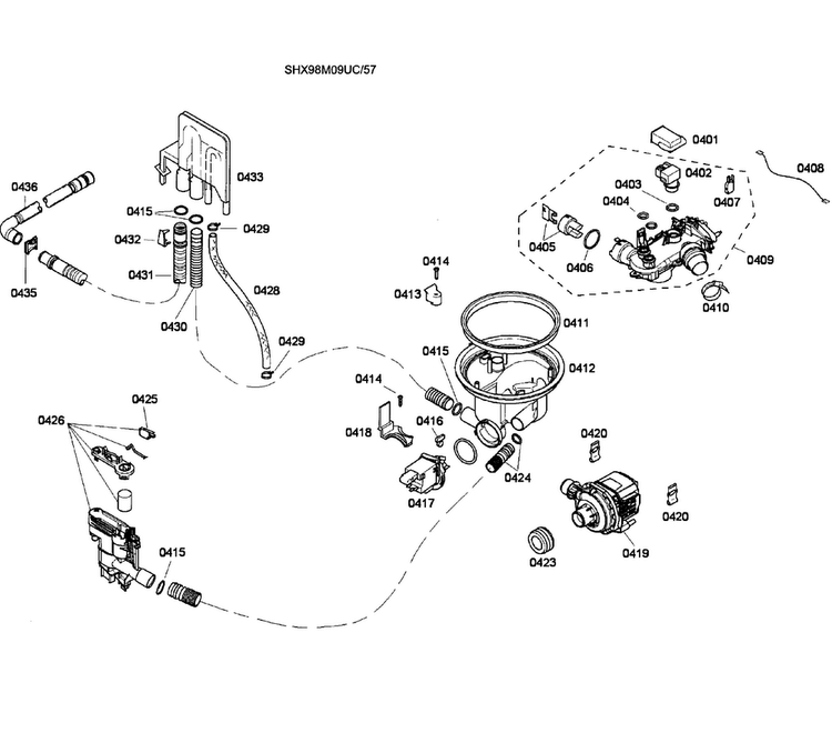 Pump Assy Diagram and Parts List for SHX98M09UC 57 Bosch Dishwasher