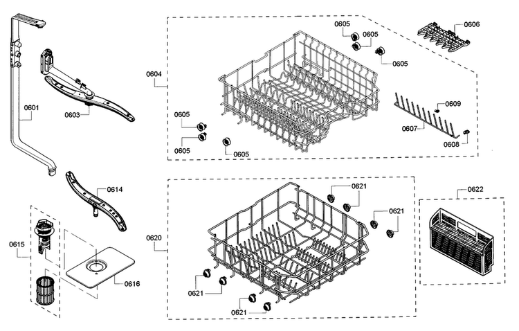Rack Diagram and Parts List for SHE3AR55UC 20 Bosch Dishwasher