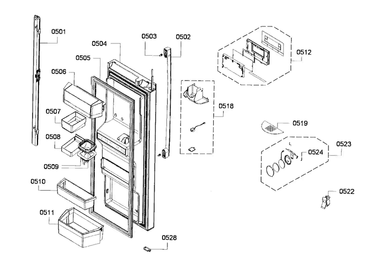 Left Door Diagram and Parts List for B26FT70SNS 01 Bosch Refrigerator