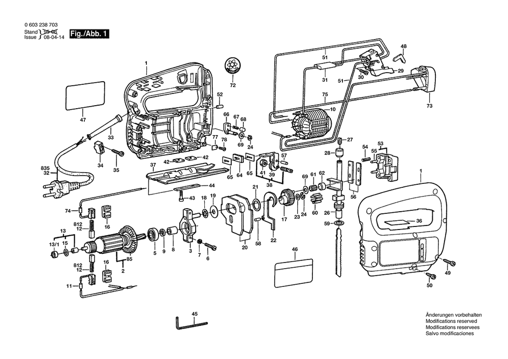 Section 1 Diagram and Parts List for PST55-PE 0603238731 Bosch Jig Saw