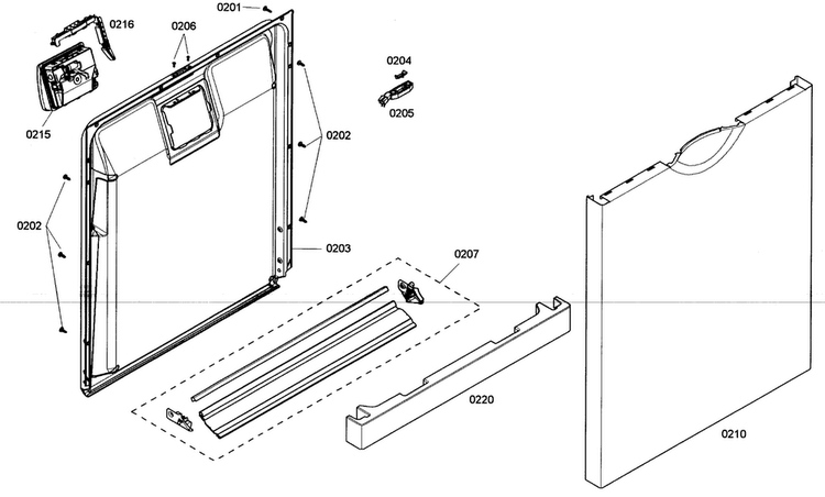 Door Assy Diagram and Parts List for SHE4AM15UC 01 Bosch Dishwasher