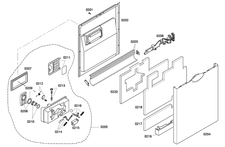 Door Assy Diagram and Parts List for SHE45C02UC 56 Bosch Dishwasher