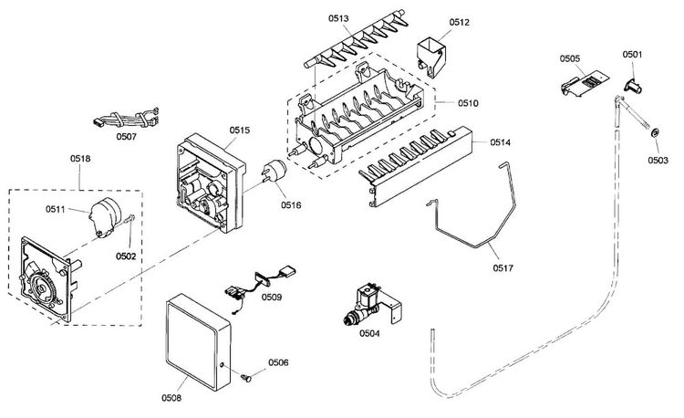 Ice Maker Diagram and Parts List for KBUIT4875E01  Thermador Refrigerator