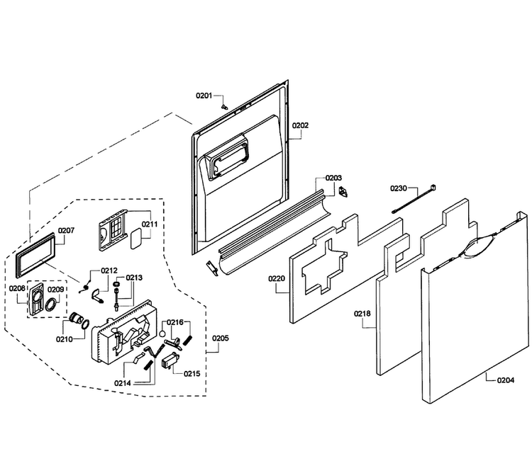 Door Assy Diagram and Parts List for SHE55P06UC 64 Bosch Dishwasher
