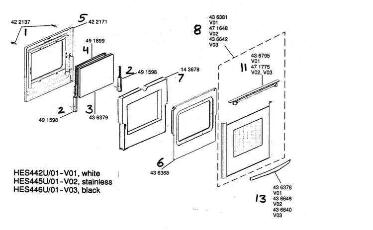 Door Assy Diagram and Parts List for HES446U 01 Bosch Range