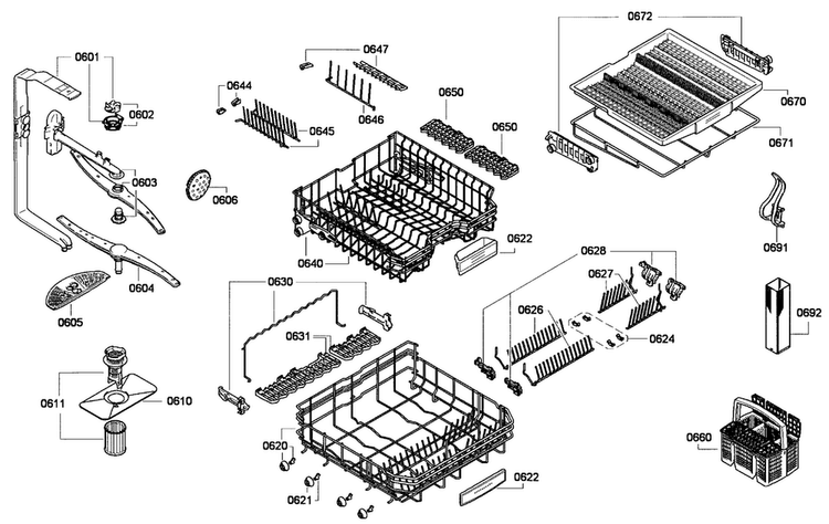 Baskets Diagram and Parts List for DWHD650GFP 18 Thermador Dishwasher