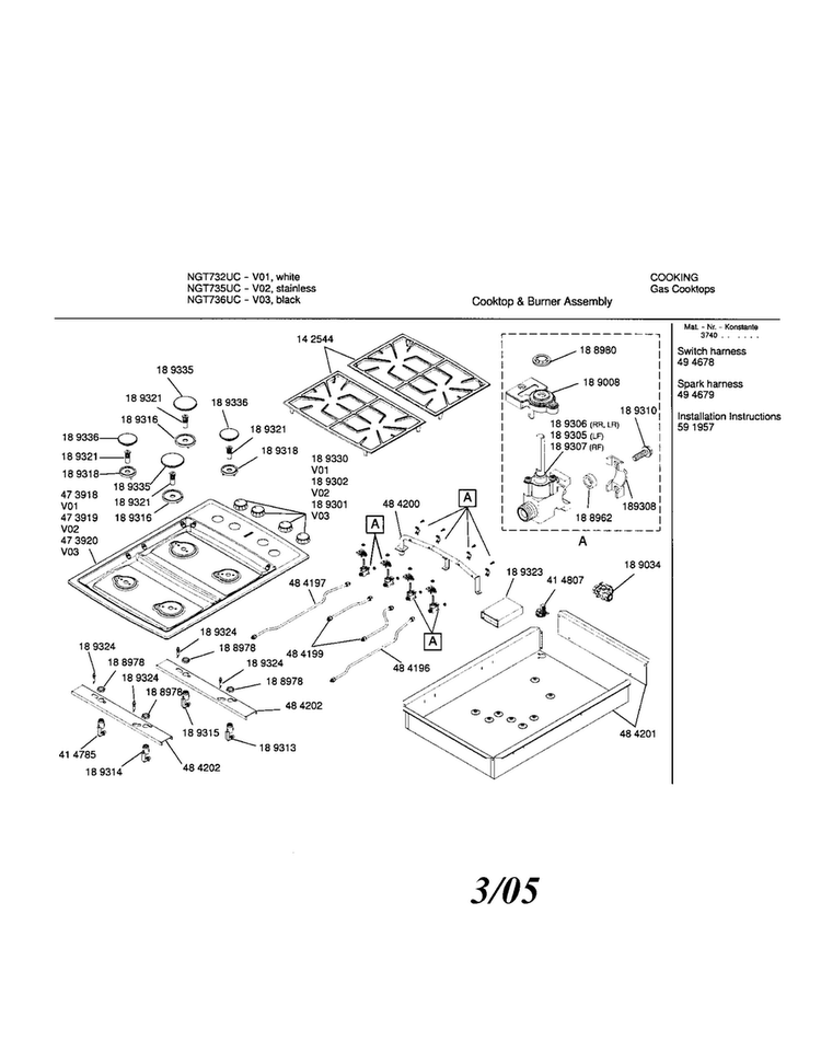 Gas Cooktop Diagram and Parts List for NGT736UC 01 Bosch Cooktop