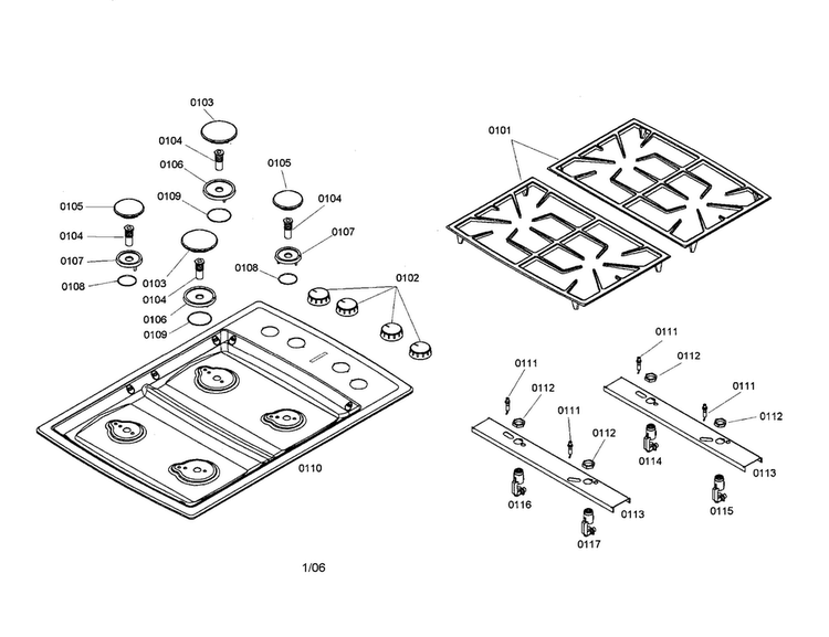 Grates/burner/tubing/maintop Diagram and Parts List for NGP746UC 01 Bosch Cooktop