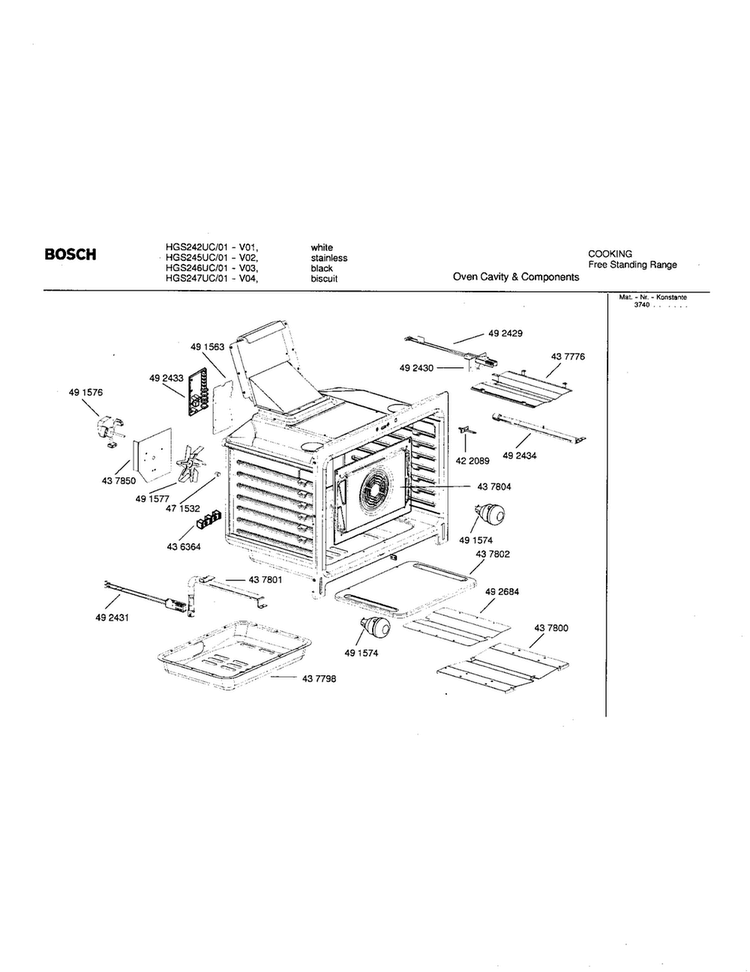 Oven Cavity Components Diagram and Parts List for HGS245UC 01 Bosch Range