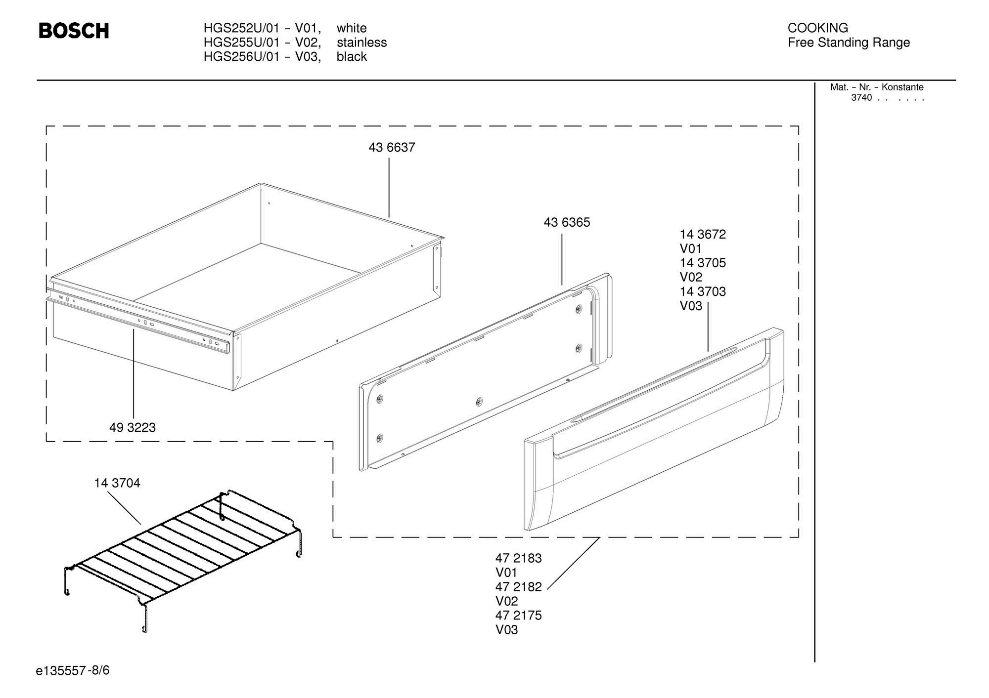 06 - DRAWER Diagram and Parts List for HGS255U  Bosch Range