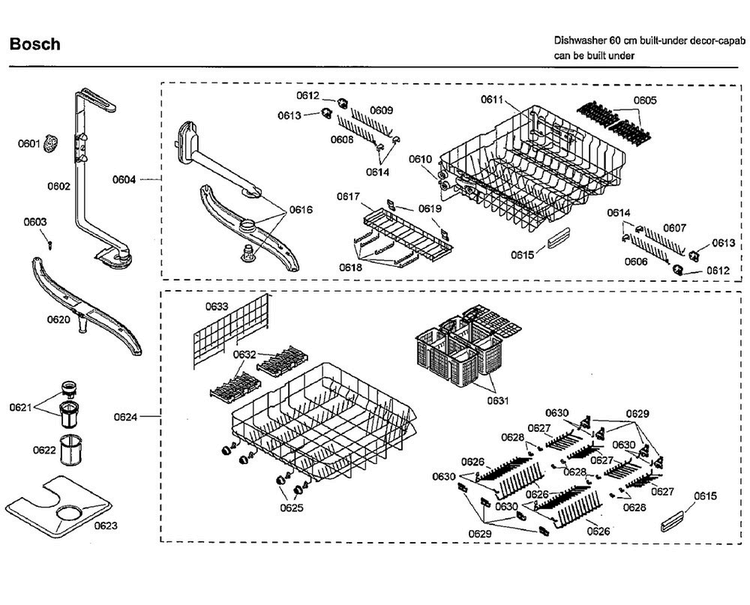 Baskets Diagram and Parts List for SHE66C02UC 38 Bosch Dishwasher