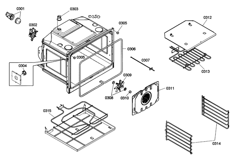 Upper Oven Diagram and Parts List for HBN3520UC 03 Bosch Wall Oven