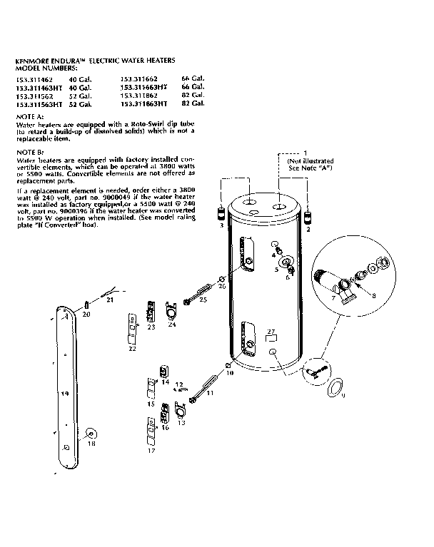 Replacement Parts Diagram and Parts List for 153311462  Kenmore Water Heater
