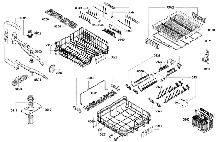 Baskets Assy Diagram and Parts List for SHX68E15UC 01 Bosch Dishwasher