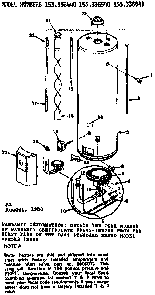 Replacement Parts Diagram and Parts List for 153336640  Kenmore Water Heater