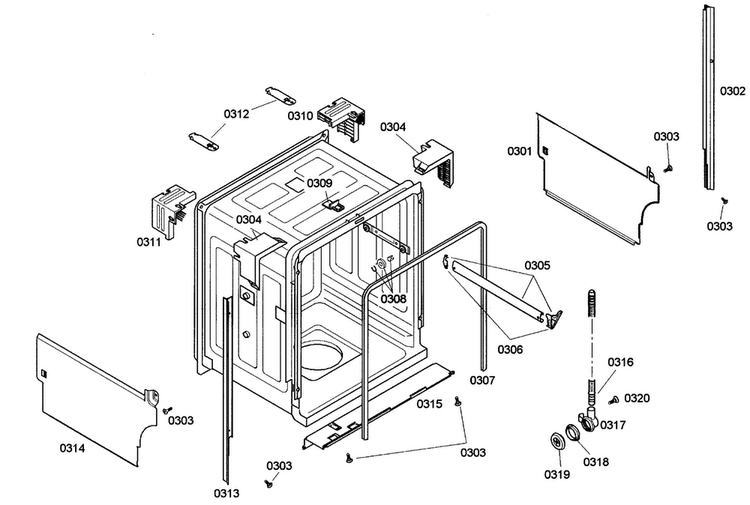 Cabinet Diagram and Parts List for SHE43C05UC 43 Bosch Dishwasher