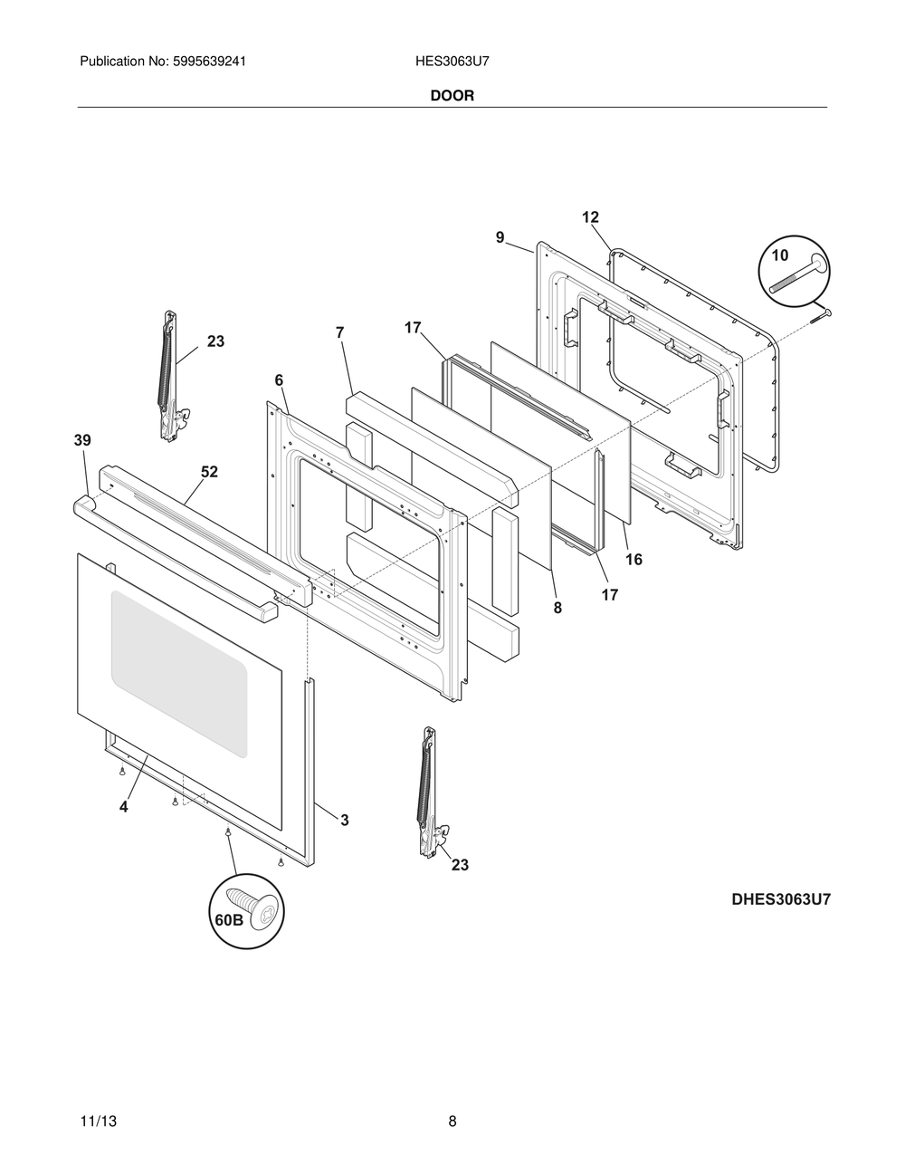 Door Diagram and Parts List for HES3063U7  Bosch Range